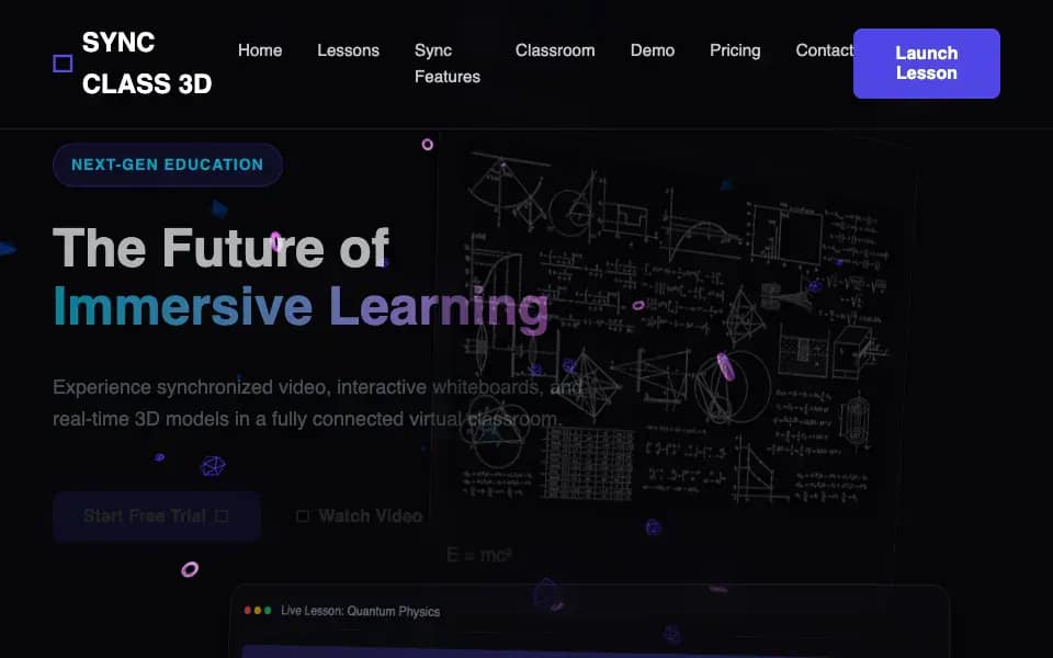 Elegant 3D Classroom with Synchronized Video Lessons and Interactive Exercises