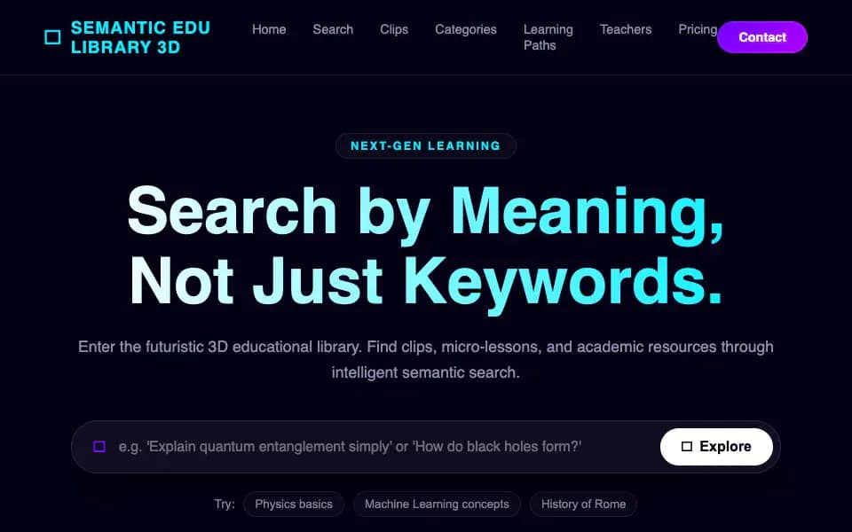 Elegant 3D Library with Educational Video Clips and Semantic Search